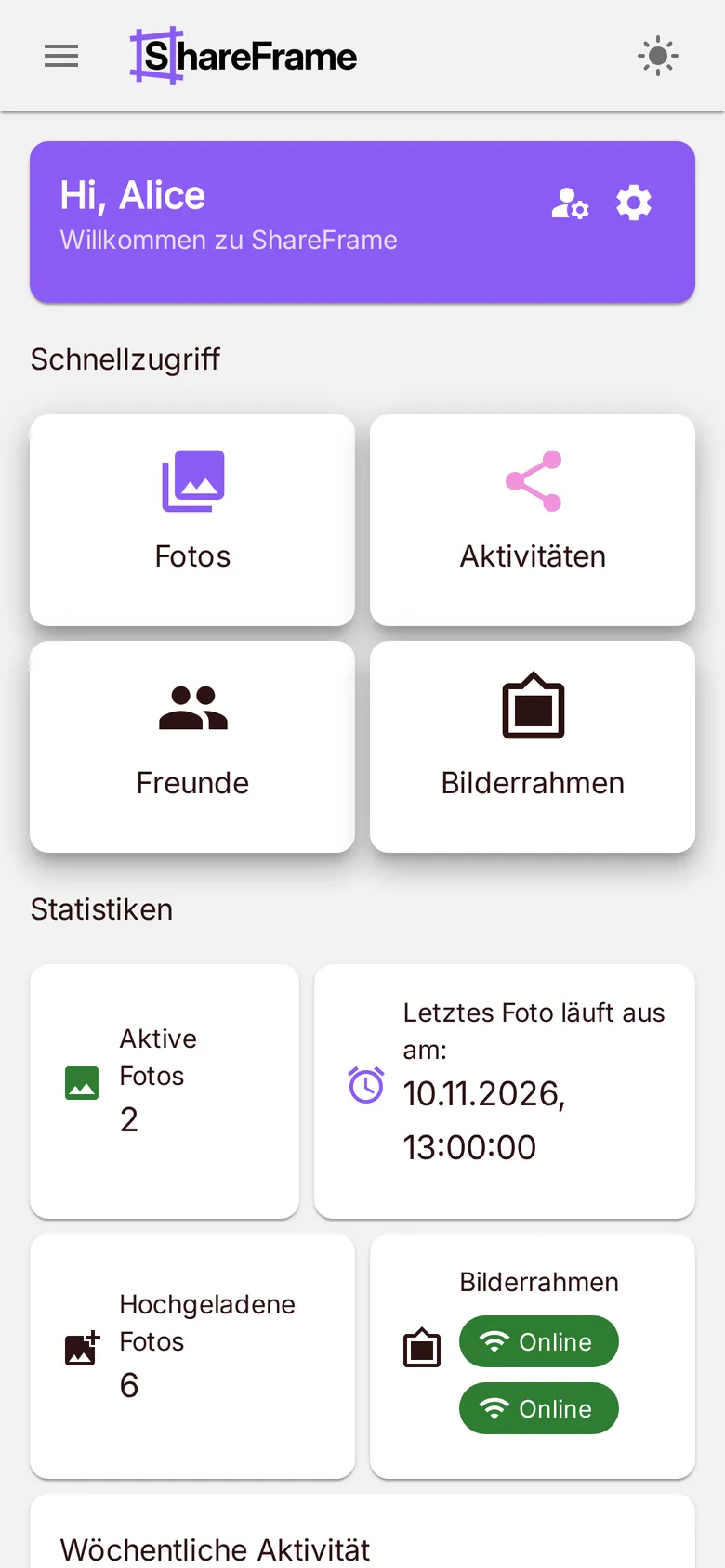 Screenshot der ShareFrame-App: Start auf dem Smartphone